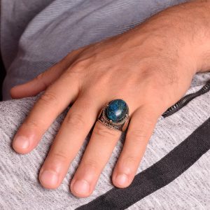 Doğal Azurit Taşlı Yüzük, Davud Yıldızı Gümüş Yüzük - Gizemli 925 Ayar Sert Gümüş Erkek Yüzüğü - Görsel 3