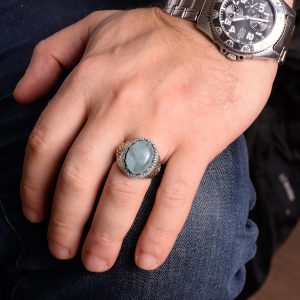 925 Ayar Gümüş Doğal Akuamarin Taşlı Erkek Yüzük - El Yapımı Kral Takı - Görsel 3