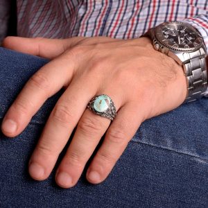 Gerçek Doğal Arizona Turkuaz Taş Yüzüğü, Erkekler İçin Hediye, 925 Ayar Gümüş Yüzük, Minimalist Yüzük (Stil-3) - Görsel 3