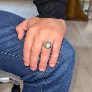 El Yapımı 925 Ayar Gümüş Erkek Yüzük Doğal Opal Taşı - Yaprak Desenli İfadeli Yüzük (Stil-2) - Görsel 3