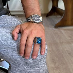 925 Ayar Gümüş İslami Yüzük, Yapay Taş Yüzük, El Yapımı Hat Yazılı Yüzük (Yapay Mavi Topaz) - Görsel 3