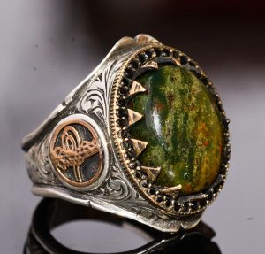 Doğal Kan Taşı Erkek Yüzüğü - 925 Ayar Gümüş Osmanlı İmparatorluğu Tuğra Tasarımı - Görsel 3