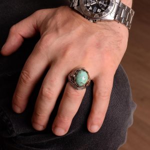 Gerçek Doğal Arizona Turkuaz Taş Yüzük, Erkekler için, Minimalist Yüzük, 925 Ayar Gümüş Yüzük - Görsel 3