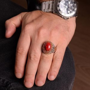 Gerçek Doğal Mercan Taşı Yüzük, Kral Yüzüğü, El Yapımı Yüzük, 925 Ayar Gümüş Yüzük Erkekler İçin - Görsel 3