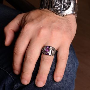 925 Ayar Gümüş Erkek Yüzük, Yılan Yüzük, Yılan Takısı, El Yapımı Erkek Yüzük, Oluşturulmuş Ametist Taşı Yüzük - Görsel 3