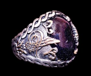 925 Ayar Gümüş Erkek Yüzük - Gece Yıldızı Mavi Yapay Taş - Şık El Yapımı Takı - Osmanlı İmparatorluğu Tugrası - Görsel 5