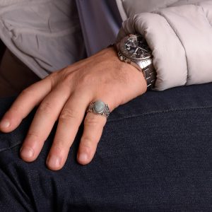 Vintage Akuamarin Taş Yüzük, 925 Ayar Gümüş Yüzük, Yunan Anahtarı Tasarımı, Şifa Kristali Takı - Görsel 3