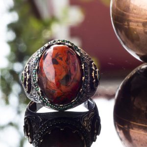 El Yapımı Gümüş Erkek Yüzük, Gerçek Doğal Taş Yüzük (Kan Taşı) - Görsel 6