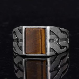 Sterling Gümüş Yunan Anahtar Yüzük - Doğal Olmayan Kaplan Göz Taşı ile El Yapımı Yüzük, Aslan Burcu için Cesaret ve Odaklanma - Görsel 5