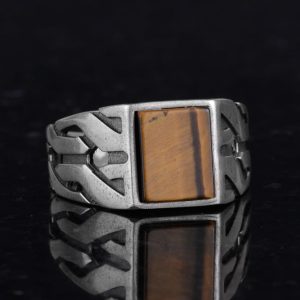 Sterling Gümüş Yunan Anahtar Yüzük - Doğal Olmayan Kaplan Göz Taşı ile El Yapımı Yüzük, Aslan Burcu için Cesaret ve Odaklanma - Görsel 4