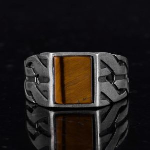 Sterling Gümüş Yunan Anahtar Yüzük - Doğal Olmayan Kaplan Göz Taşı ile El Yapımı Yüzük, Aslan Burcu için Cesaret ve Odaklanma - Görsel 3