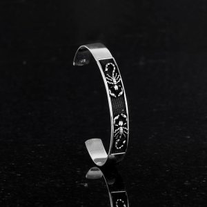 925 Ayar Gümüş Kelepçe Bilezik - Akrep Yüzük Tasarımı - Modern Akrep için Zodiac Temalı Erkek Takısı - Görsel 7