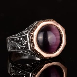 Erkek 925 Ayar Gümüş El Yapımı Yüzük Doğal Amethist Taşı - Bizans İmparatorluğu Tasarımı - Görsel 3