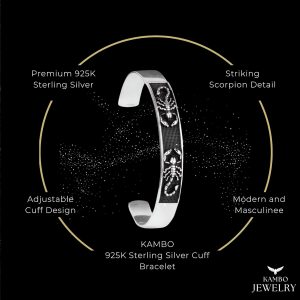 925 Ayar Gümüş Kelepçe Bilezik - Akrep Yüzük Tasarımı - Modern Akrep için Zodiac Temalı Erkek Takısı - Görsel 3