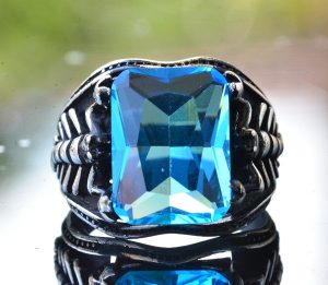 Mavi Topaz Taşlı Yüzük, El Yapımı Akrep Tasarımı 925 Ayar Gümüş Erkek Yüzüğü - Görsel 4