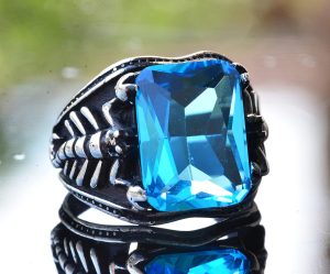 Mavi Topaz Taşlı Yüzük, El Yapımı Akrep Tasarımı 925 Ayar Gümüş Erkek Yüzüğü - Görsel 3