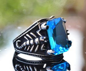 Mavi Topaz Taşlı Yüzük, El Yapımı Akrep Tasarımı 925 Ayar Gümüş Erkek Yüzüğü - Görsel 5