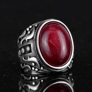 925 Ayar Gümüş Yüzük - Doğal Ruby Taşlı Erkek Yüzük - Görsel 4