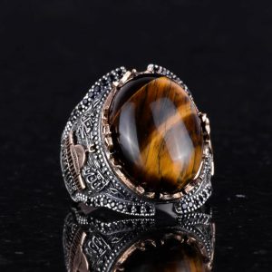 Doğal Taş Yüzük - Kambiyo Tasarım 925 Ayar Gümüş Erkek Yüzük - Görsel 4