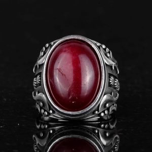925 Ayar Gümüş Yüzük - Doğal Ruby Taşlı Erkek Yüzük - Görsel 3