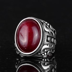 925 Ayar Gümüş Yüzük - Doğal Ruby Taşlı Erkek Yüzük - Görsel 5