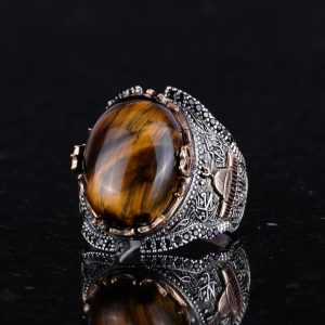 Doğal Taş Yüzük - Kambiyo Tasarım 925 Ayar Gümüş Erkek Yüzük - Görsel 5
