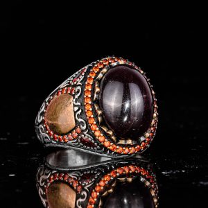 925 Ayar Gümüş Yüzük - El Yapımı Doğal Garnet Taşlı Erkek Yüzüğü - Görsel 5
