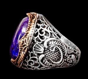 Gümüş Yüzük - Doğal Cabochon Safir Taşlı İslami Tasarım Erkek - Görsel 3