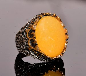 Doğal Sarı Agat Yüzük - Etnik Tasarım 925 Ayar Gümüş Erkek Yüzük - Görsel 3