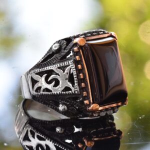 Falcon Jewelry Real Natural Obsidian Rectangular Stone Gemstone Ring - 925 Sterling Silver Men's Ring - Görsel 5