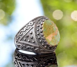 925 Ayar Gümüş Yüzük - Vintage Tasarım Doğal Arizona Turkuaz - Görsel 4