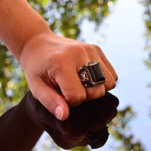 Falcon Jewelry Real Natural Obsidian Rectangular Stone Gemstone Ring - 925 Sterling Silver Men's Ring - Görsel 4