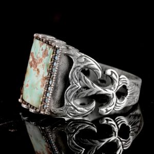 Gümüş Yüzük - El Yapımı Turkuaz Taşlı Şık Yüzük Erkekler için - Görsel 6