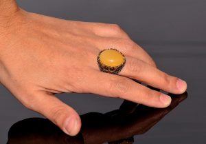 Doğal Sarı Agat Yüzük - Etnik Tasarım 925 Ayar Gümüş Erkek Yüzük - Görsel 6