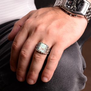 Gümüş Yüzük - El Yapımı Turkuaz Taşlı Şık Yüzük Erkekler için - Görsel 4