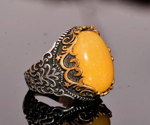 Doğal Sarı Agat Yüzük - Etnik Tasarım 925 Ayar Gümüş Erkek Yüzük - Görsel 4