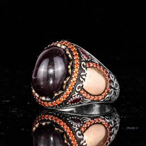 925 Ayar Gümüş Yüzük - El Yapımı Doğal Garnet Taşlı Erkek Yüzüğü - Görsel 6