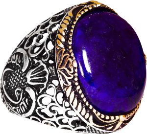 Gümüş Yüzük - Doğal Cabochon Safir Taşlı İslami Tasarım Erkek - Görsel 6