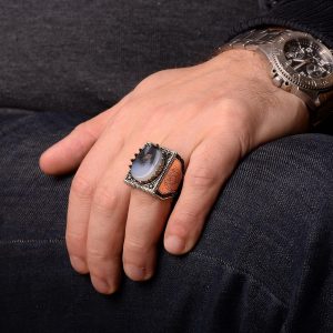 Doğal Yemeni Agat Taşı Yüzük - David Yıldızı Tasarımlı 925 Ayar Gümüş Erkek Yüzük - Görsel 6