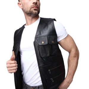 Erkek Giyim, %100 Yumuşak Deri Yelek, Siyah Erkek Hakiki Deri Yelek, Fermuarlı Yelek, Kolsuz Ceket, Erkek Deri Yelek, Dar Kesim - Görsel 4