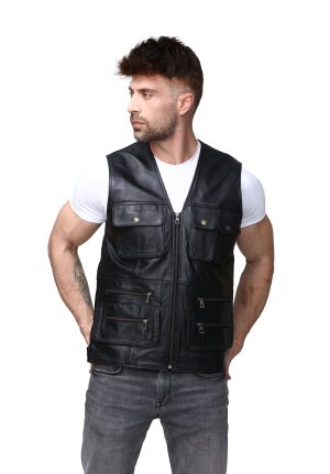 Erkek Giyim, %100 Yumuşak Deri Yelek, Siyah Erkek Hakiki Deri Yelek, Fermuarlı Yelek, Kolsuz Ceket, Erkek Deri Yelek, Dar Kesim - Görsel 8