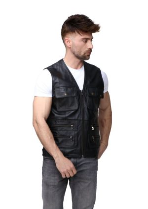Erkek Giyim, %100 Yumuşak Deri Yelek, Siyah Erkek Hakiki Deri Yelek, Fermuarlı Yelek, Kolsuz Ceket, Erkek Deri Yelek, Dar Kesim - Görsel 6