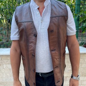 %100 Orijinal Yumuşak Deri Yelek, Siyah Deri Yelek, Düğmeli Yelek, Erkek Deri Yelek, Kahverengi Deri Yelek, Dar Kesim, Vintage Yelek - Görsel 7