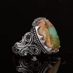 Kambo Real Natural Arizona Turquoise Gemstone Ring For Men, Handmade Jewelry, 925K Sterling Silver Ring (Style-5) - Görsel 4
