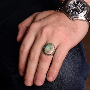 Kambo Real Natural Arizona Turquoise Gemstone Ring For Men, Handmade Jewelry, 925K Sterling Silver Ring (Style-5) - Görsel 5